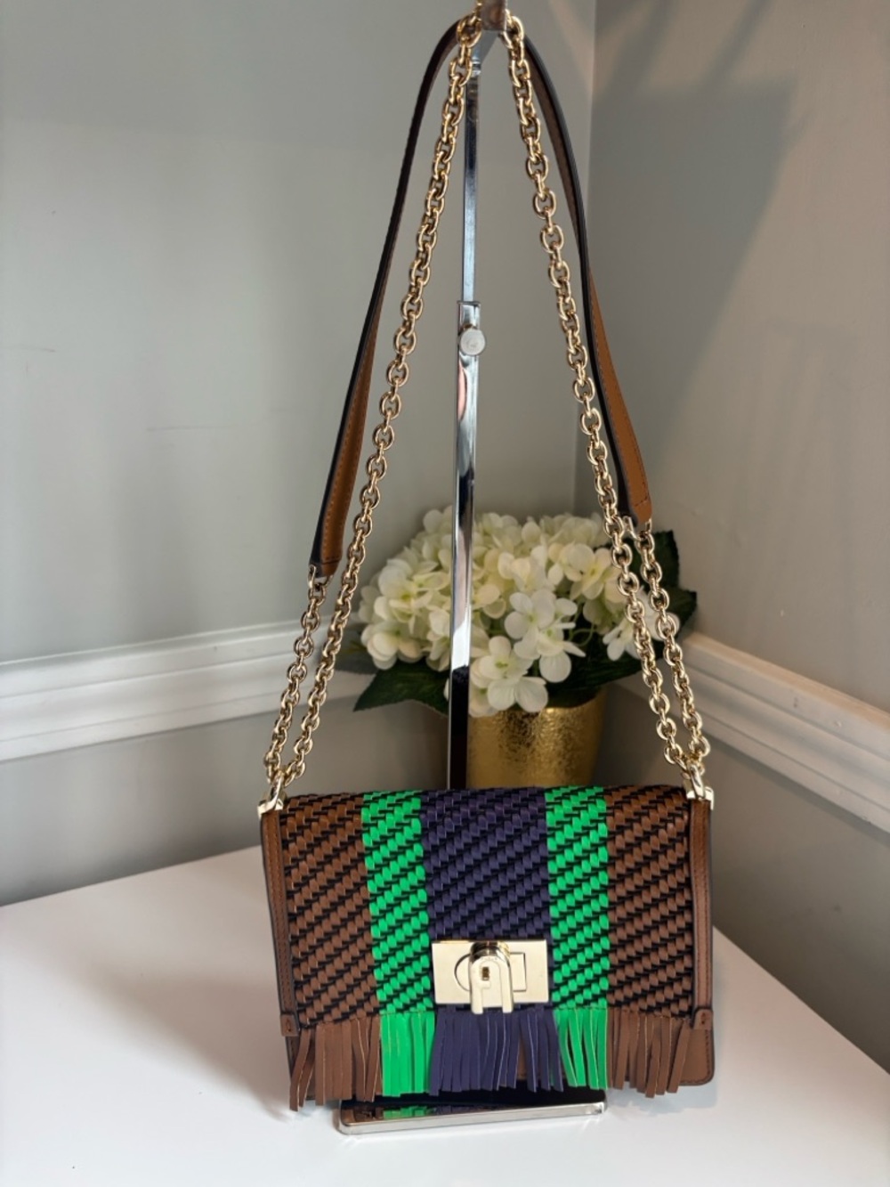 Furla Brown Woven Crossbody with Green & Purplish blue Accents